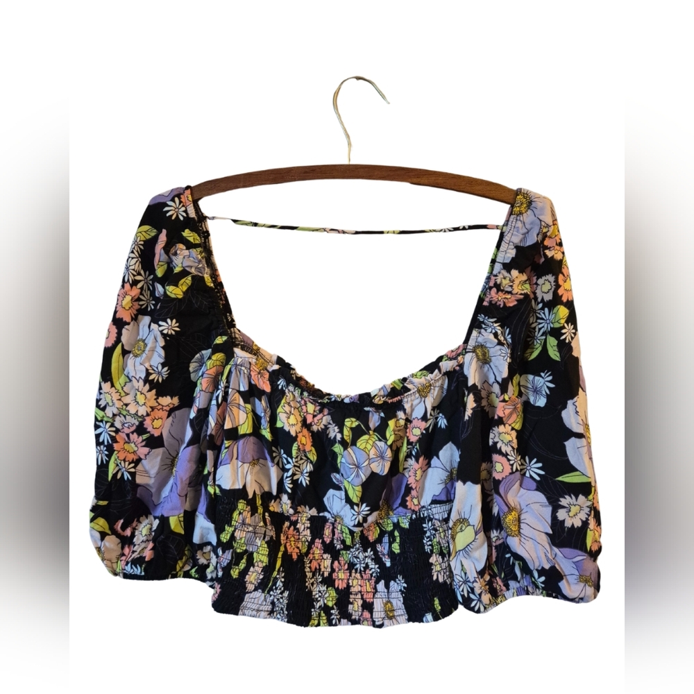 AFRM Waverly Noir Summer Bouquet Floral Puff Sleeves Crop Top Size M
